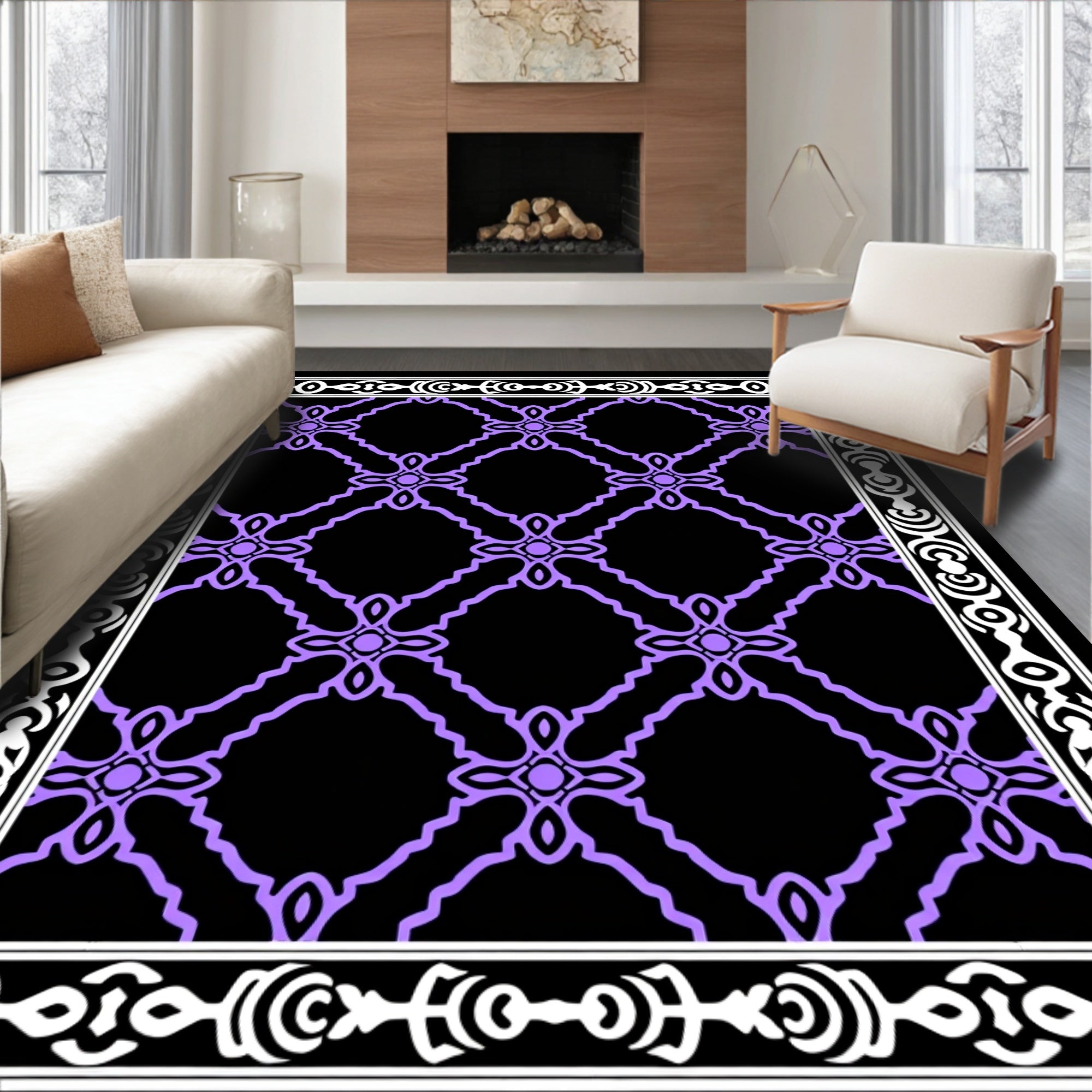 Ornate Lavender Quatrefoil Border Rug