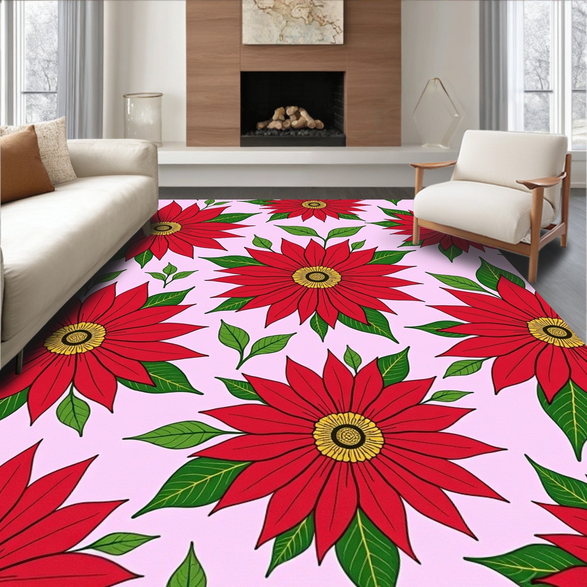 Bold Red Poinsettia Floral Swirl Rug