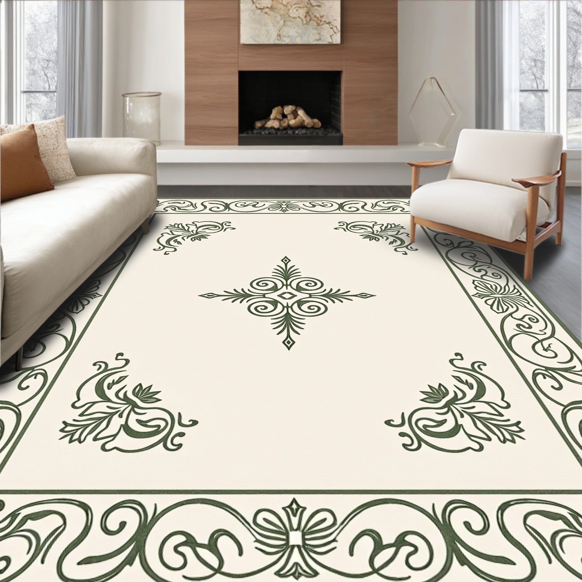 Antique Green Scrollwork Border Rug