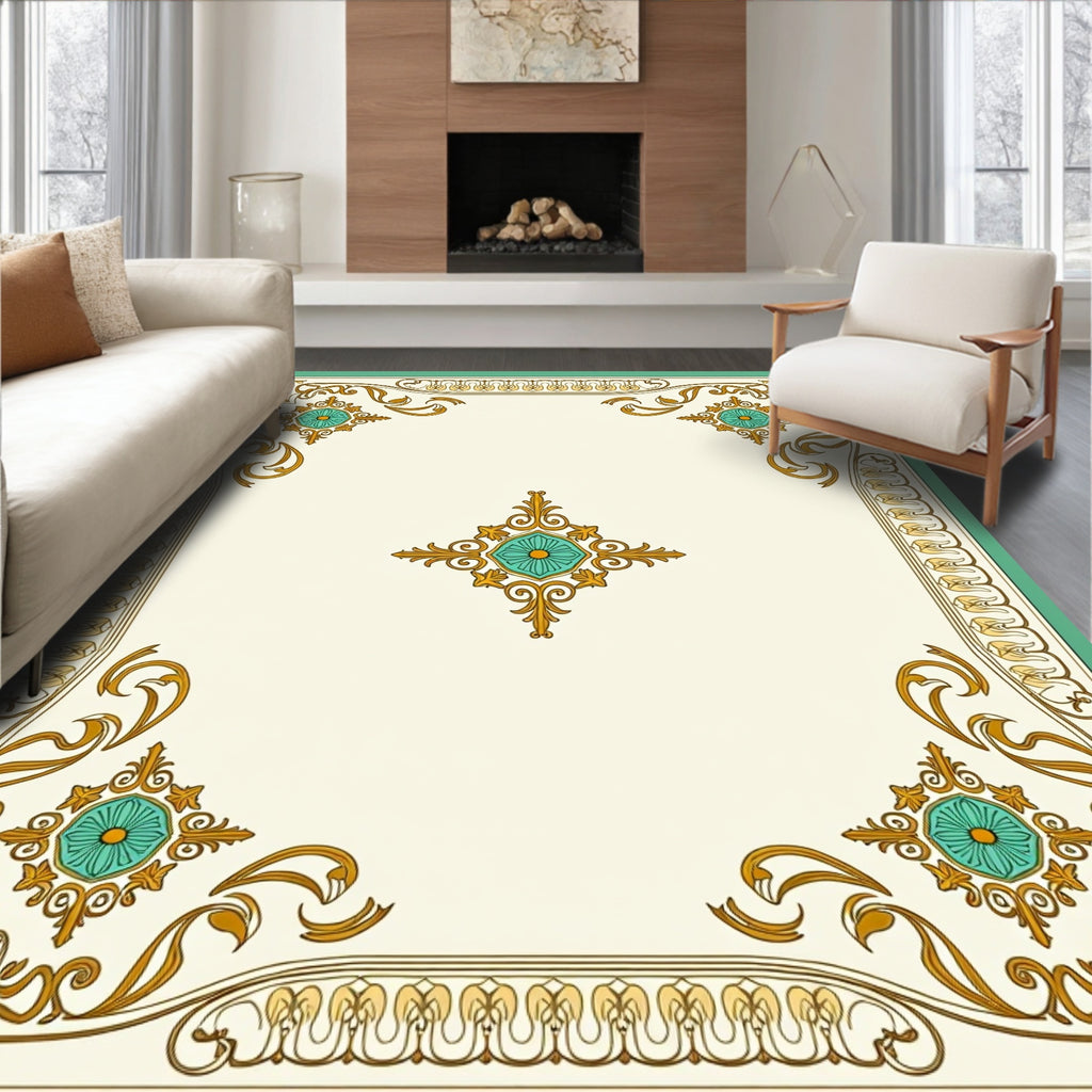Gold Teal Floral Medallion Border Rug