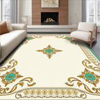 Gold Teal Floral Medallion Border Rug