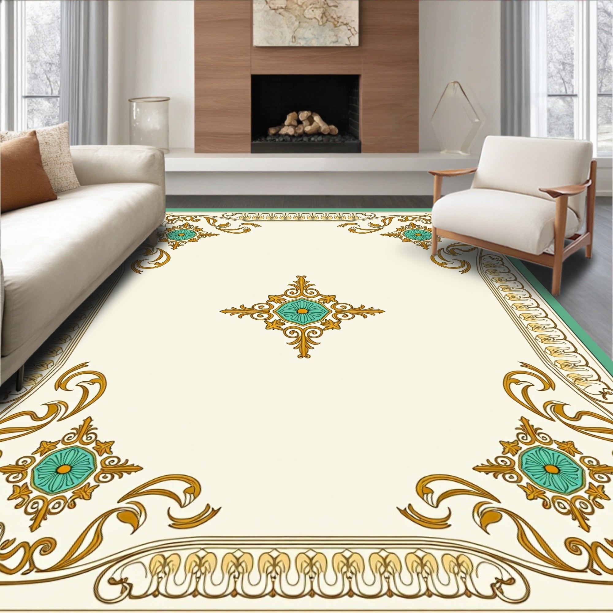 Gold Teal Floral Medallion Border Rug