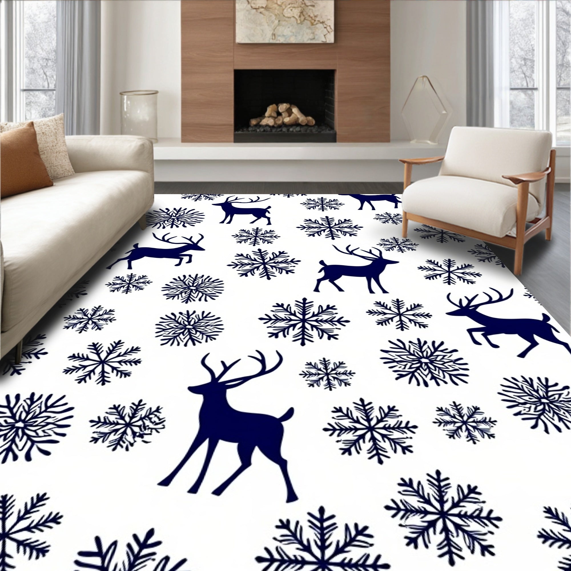 Midnight Blue Deer Snowflake Scatter Rug