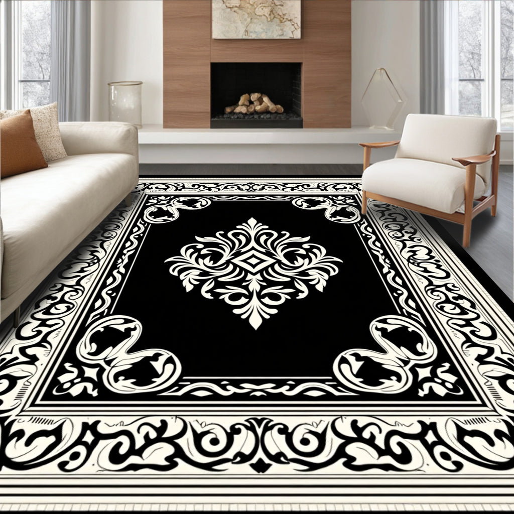 Ornate Ivory Filigree On Black Rug