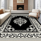 Ornate Ivory Filigree On Black Rug