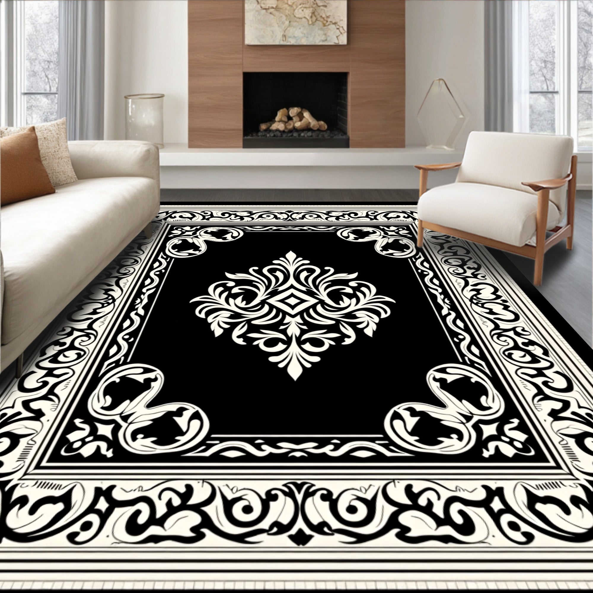 Ornate Ivory Filigree On Black Rug