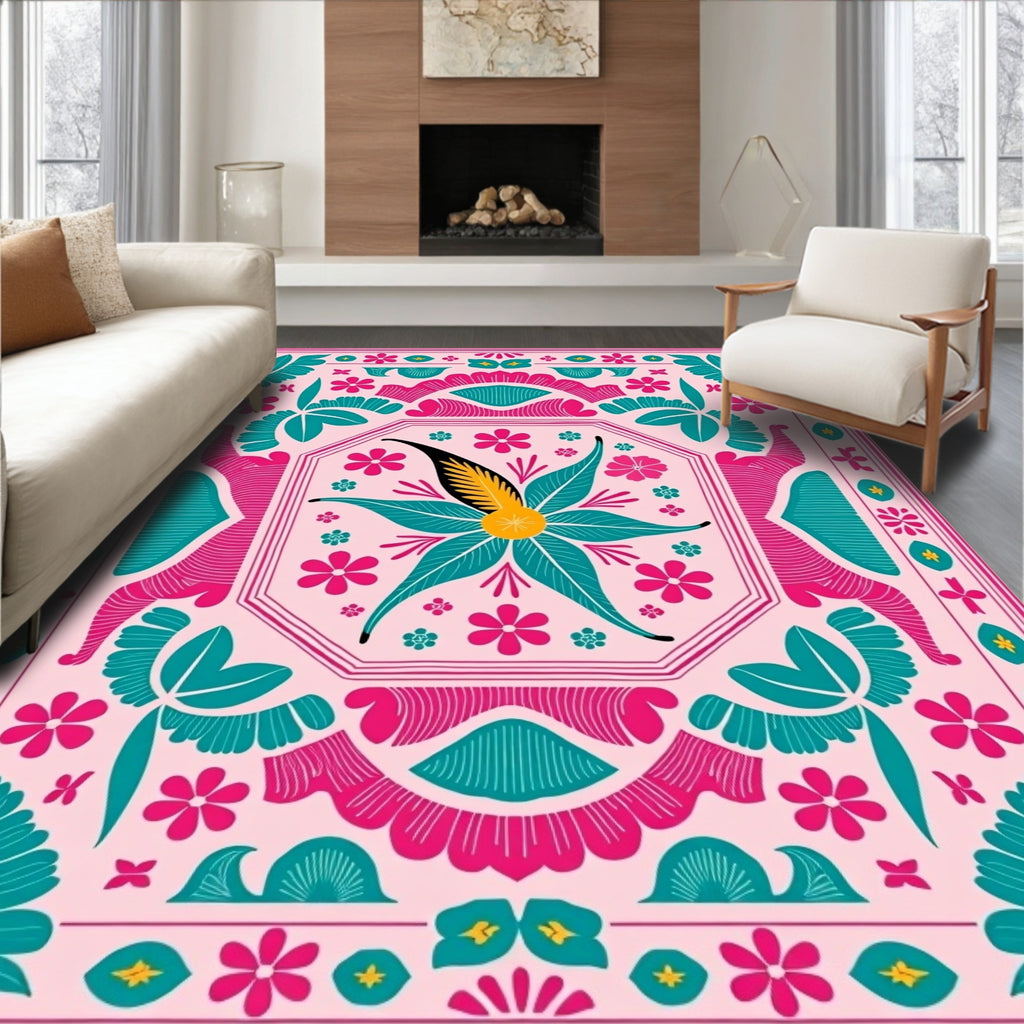 Pink Teal Golden Floral Medallion Rug