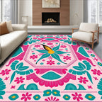 Pink Teal Golden Floral Medallion Rug