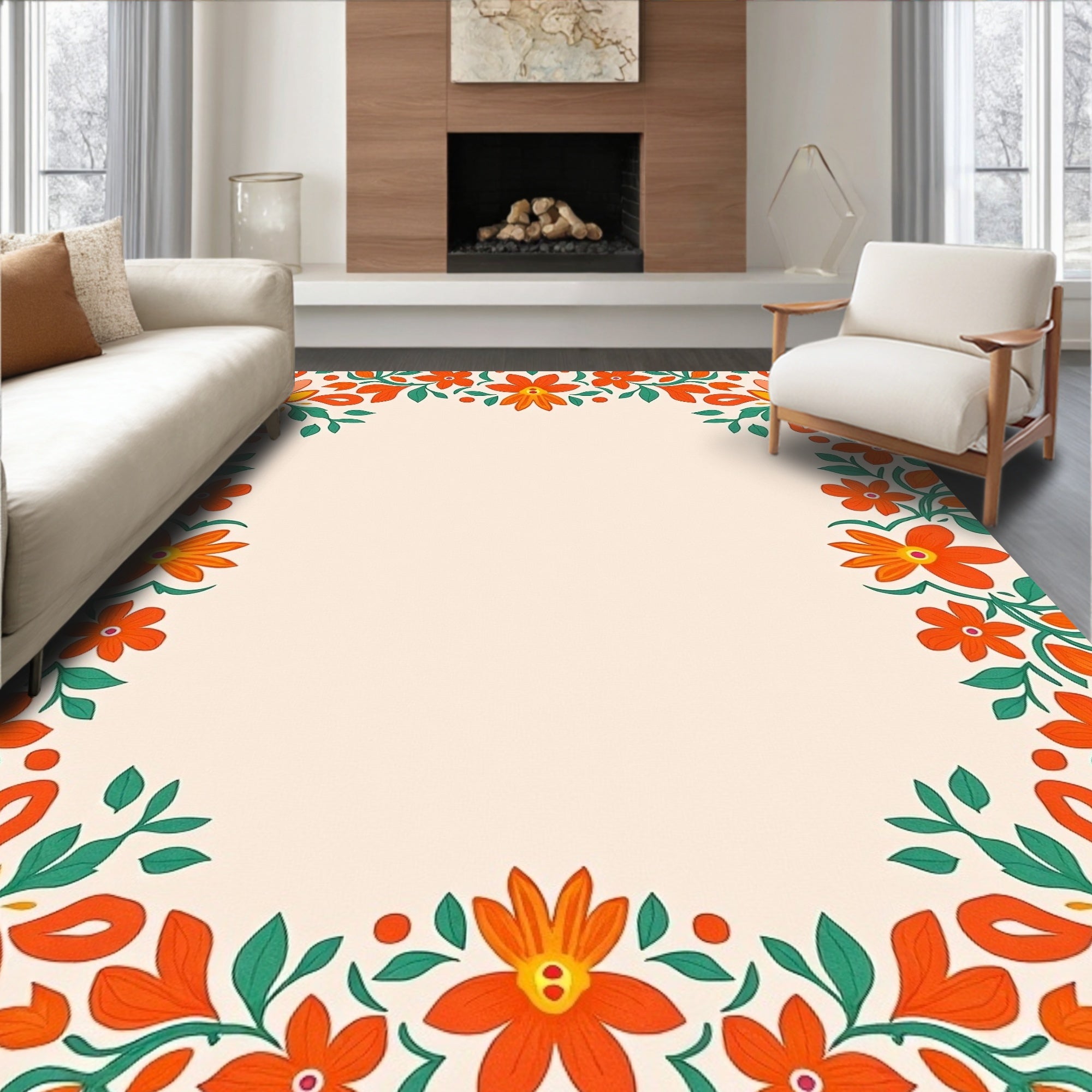 Vibrant Orange Red Floral Border Rug