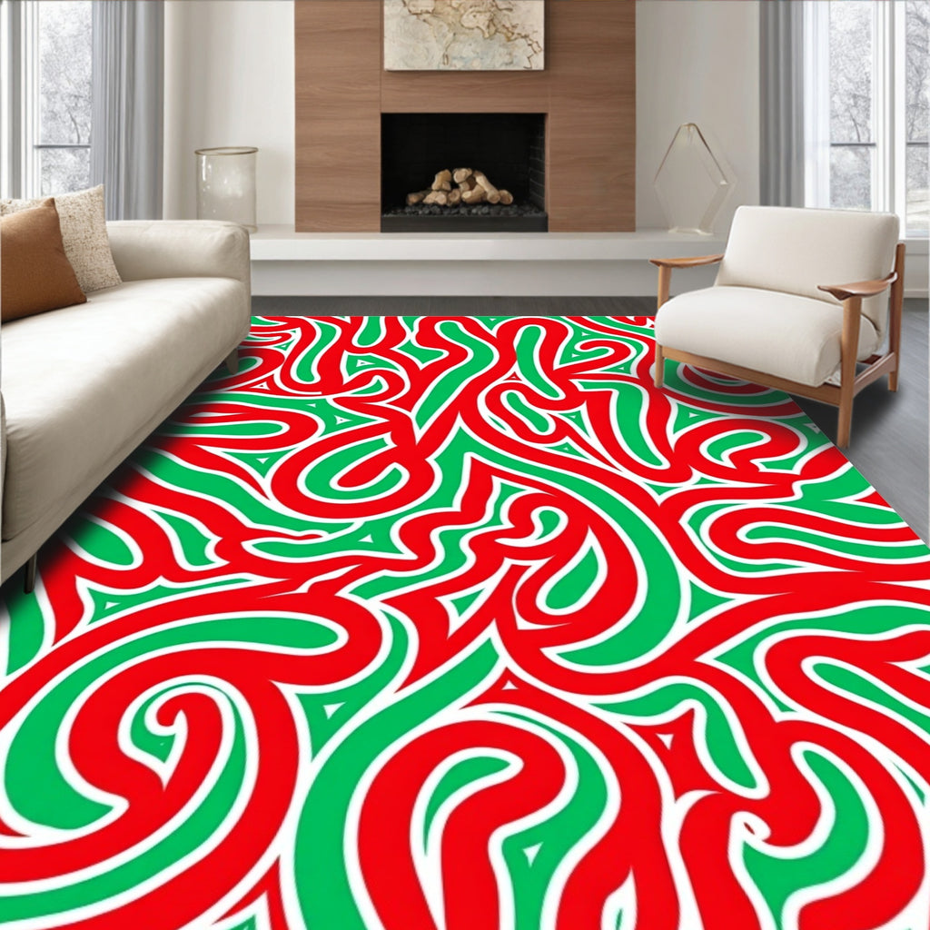 Crimson Green Intertwined Abstract Waves Rug