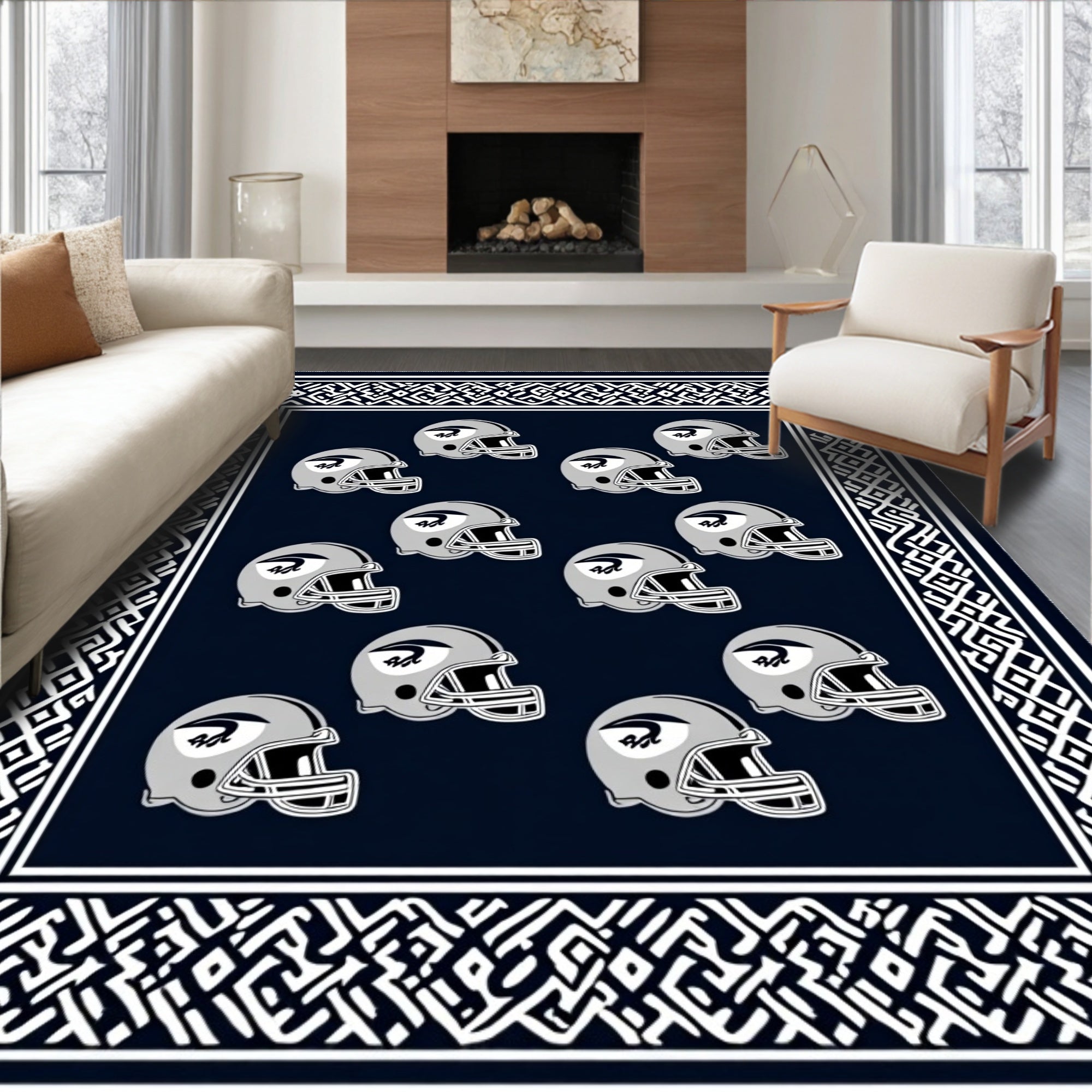 Navy Blue Football Helmets Border Rug