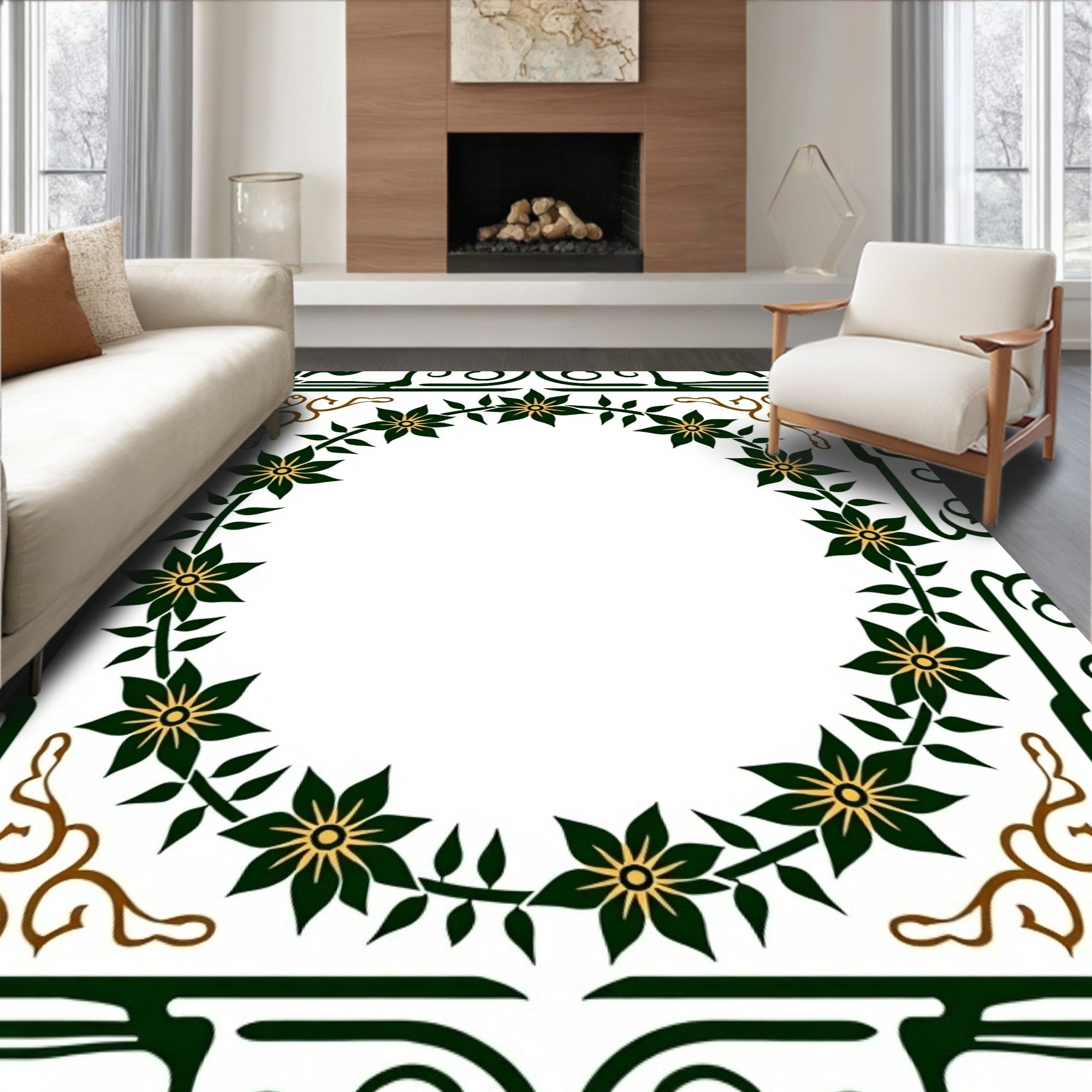 Dark Green Floral Vine Oval Rug