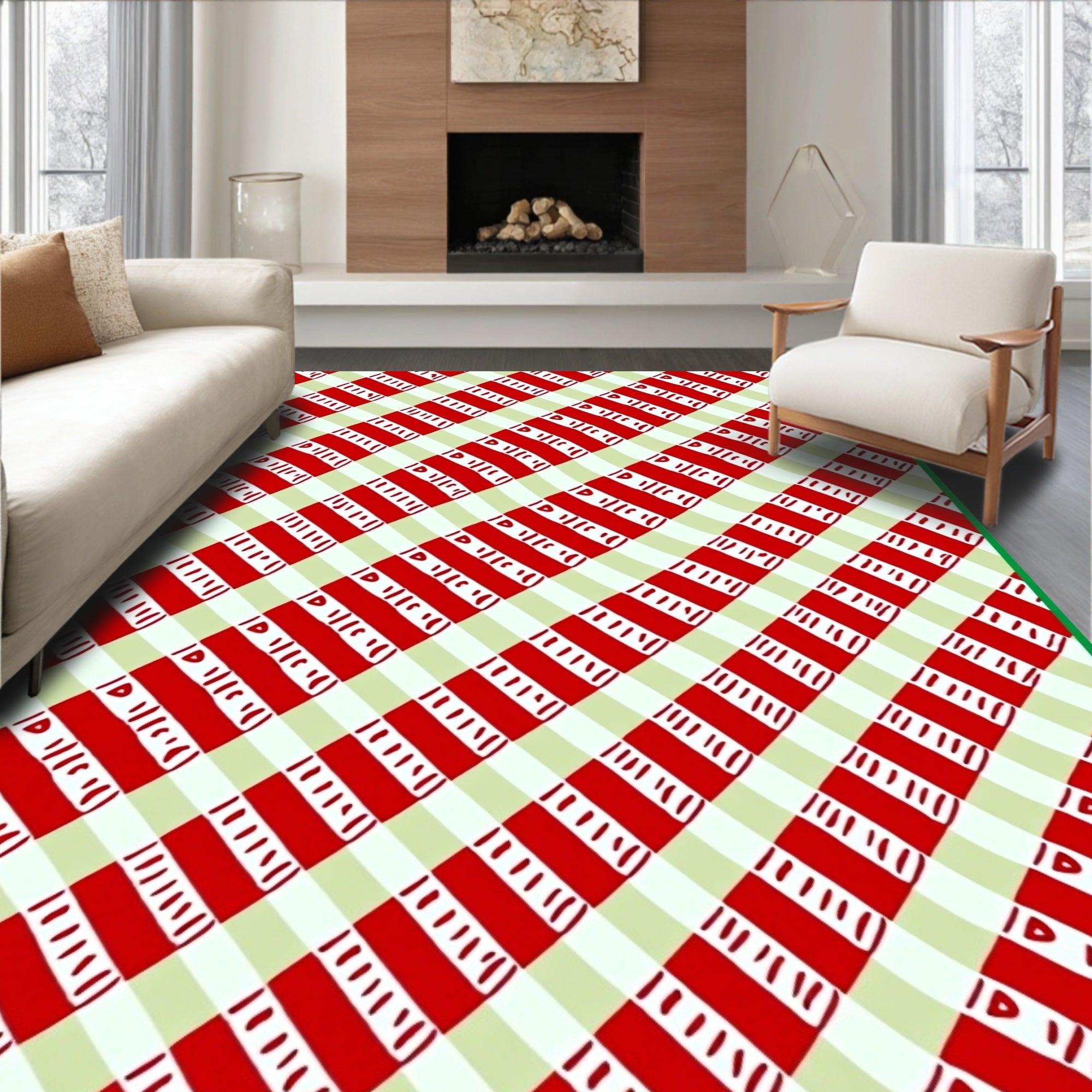 Red Green Striped Diagonal Gingham Rug