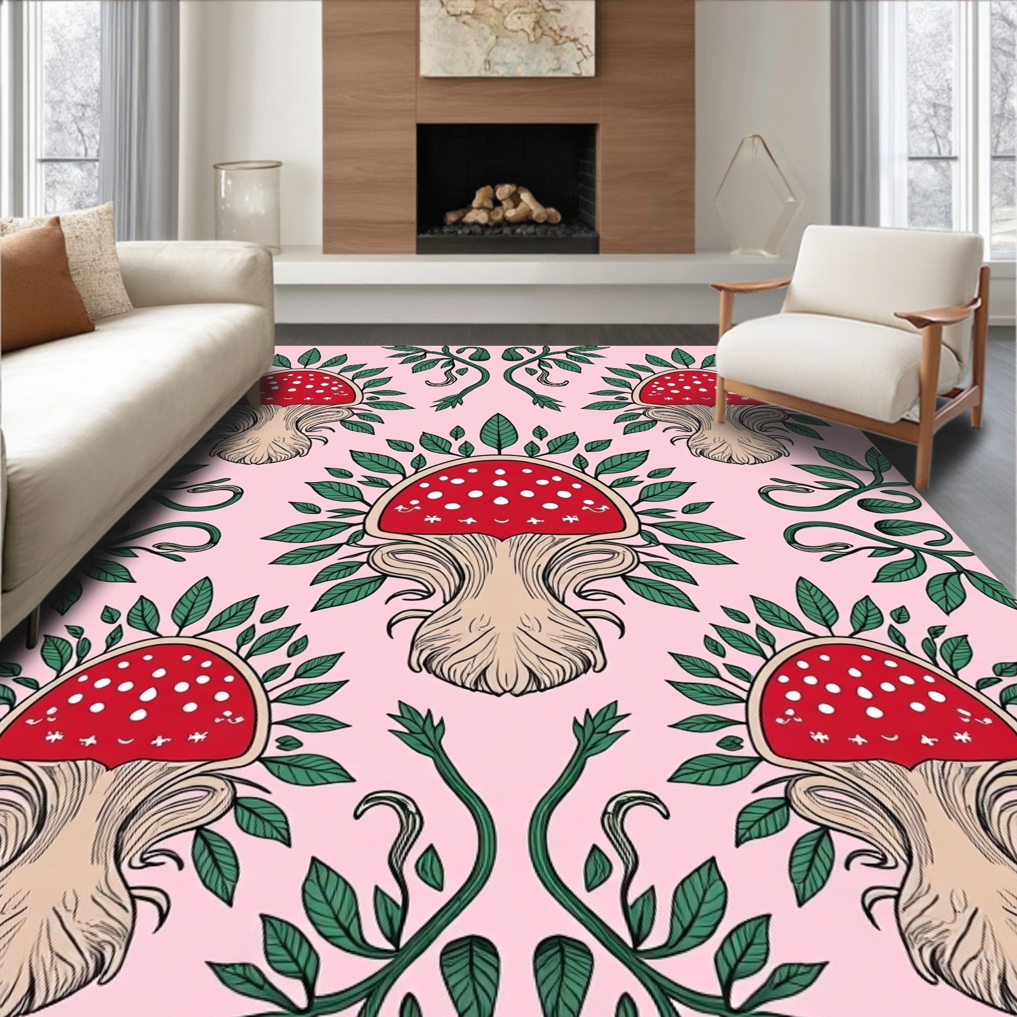 Whimsical Red Mushroom Garden Vine Rug