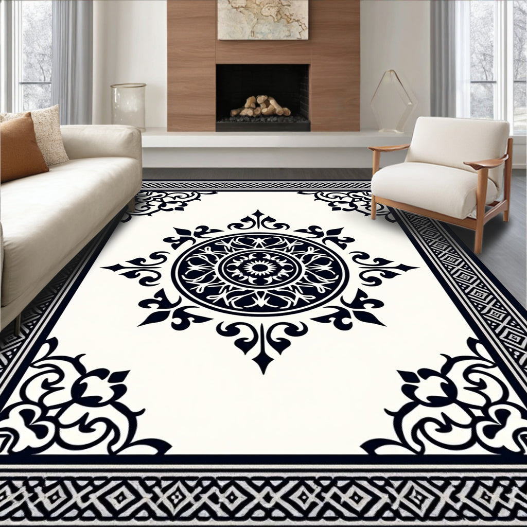 Classic Black White Mandala Border Rug