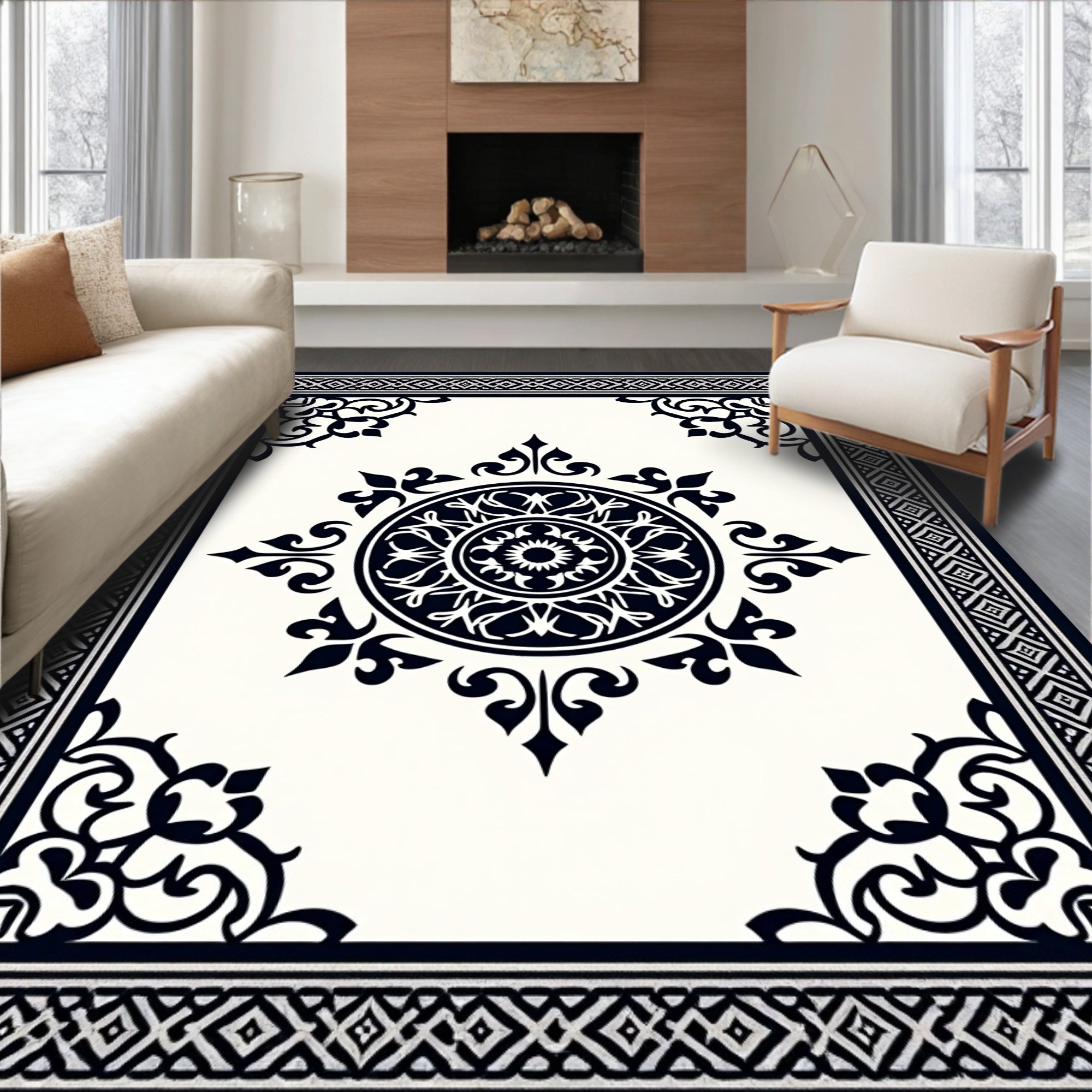 Classic Black White Mandala Border Rug