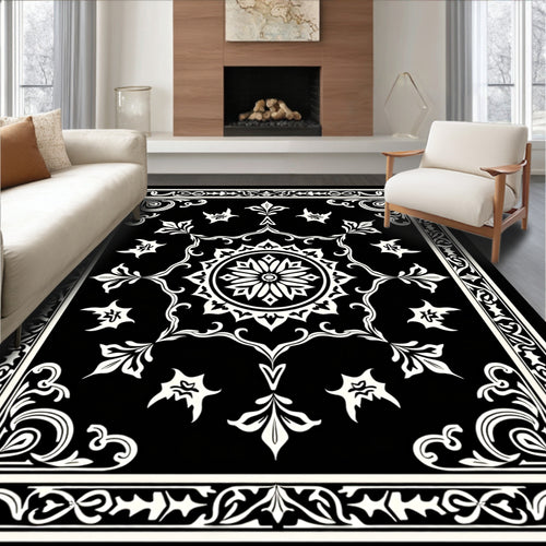 Black and White Floral Medallion Border Rug
