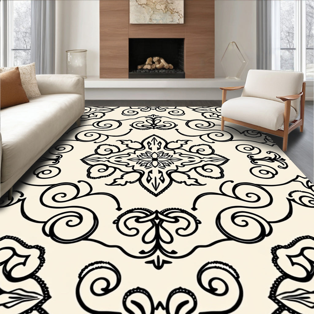 Cream Black Damask Floral Scroll Rug