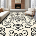 Cream Black Damask Floral Scroll Rug