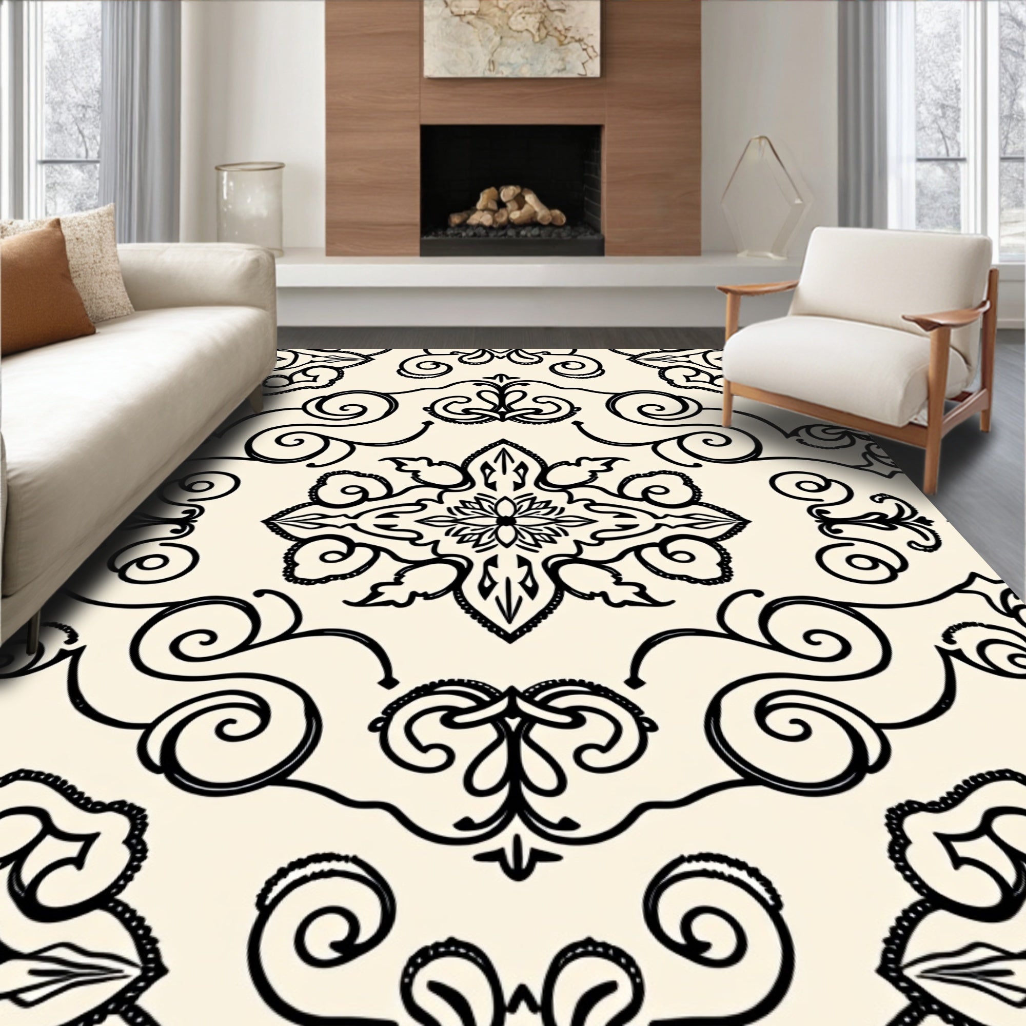 Cream Black Damask Floral Scroll Rug