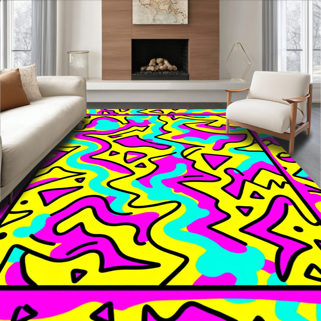 Retro Yellow Pink Teal Abstract Swirls Rug