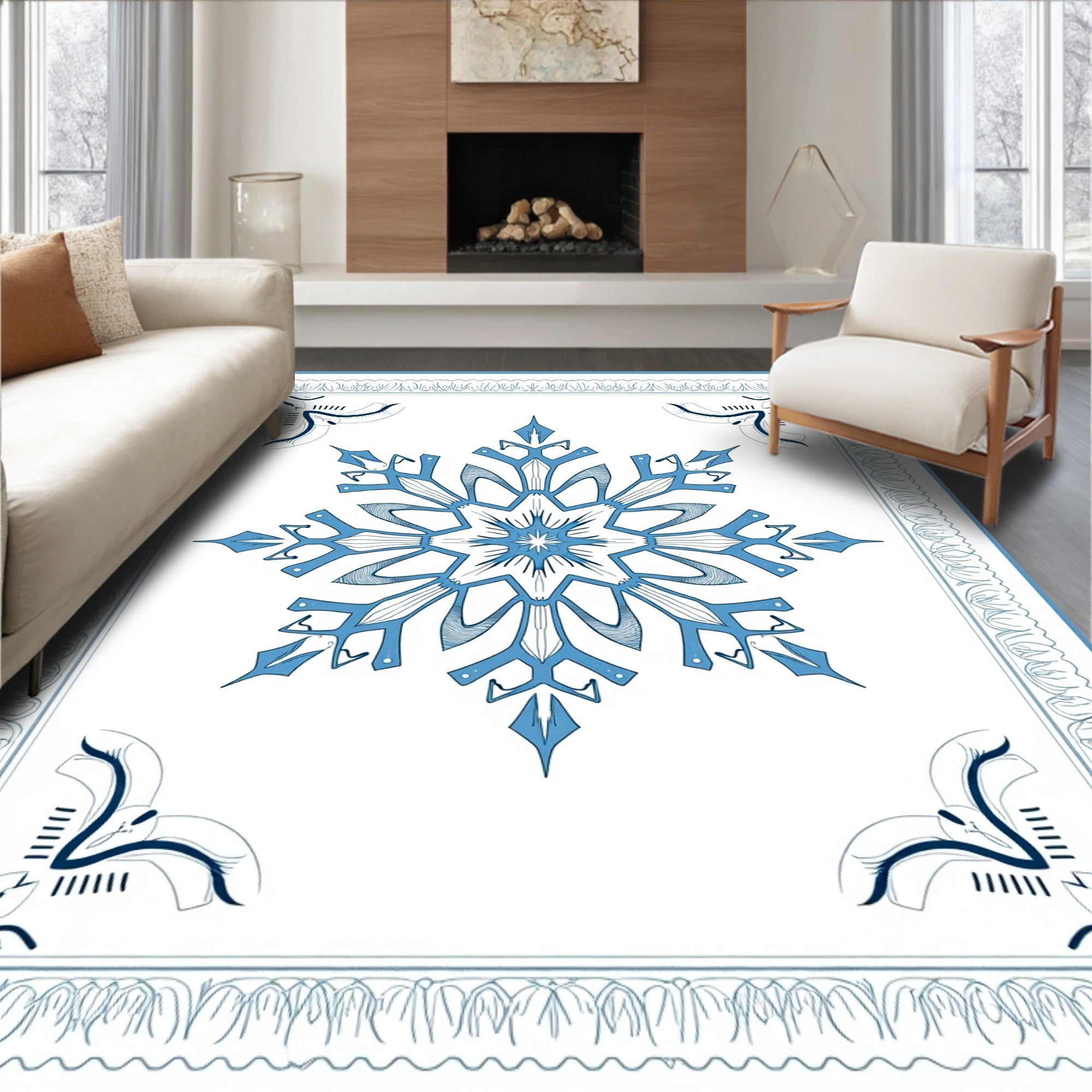 Arctic Blue Snowflake Geometric Border Rug