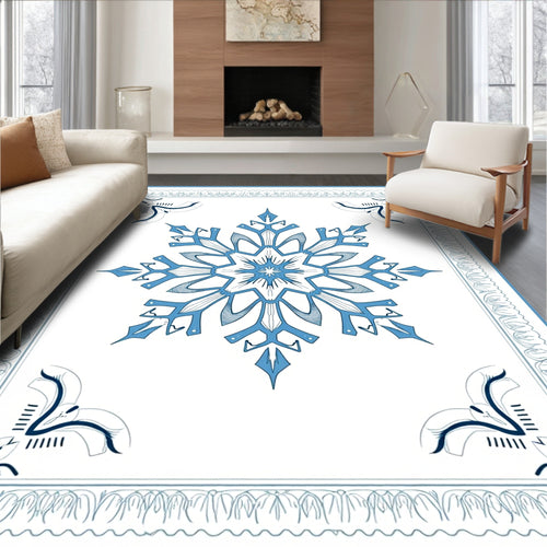 Arctic Blue Snowflake Geometric Border Rug