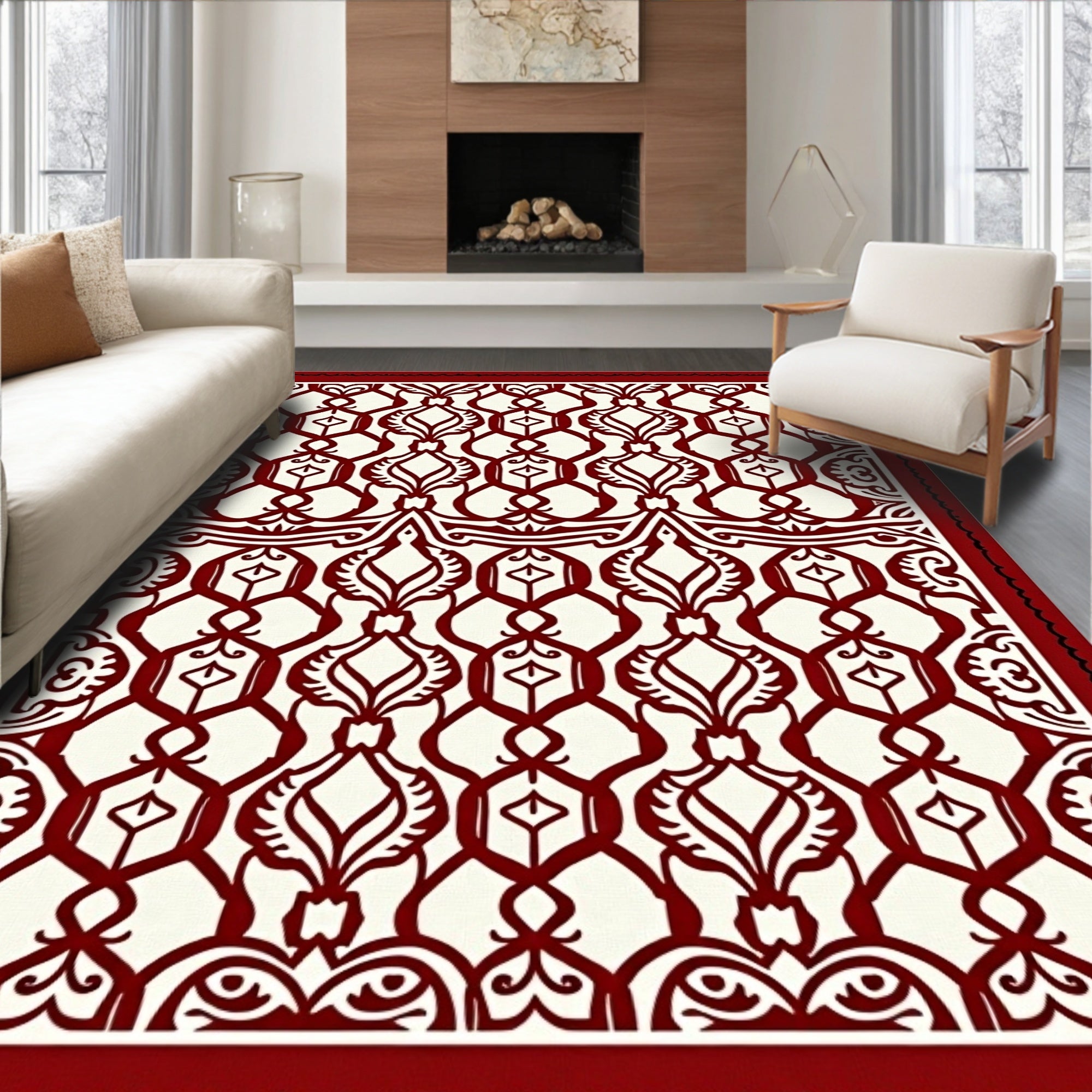 Crimson Cream Lattice Medallion Rug