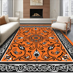 Vibrant Orange Floral Scroll Border Rug