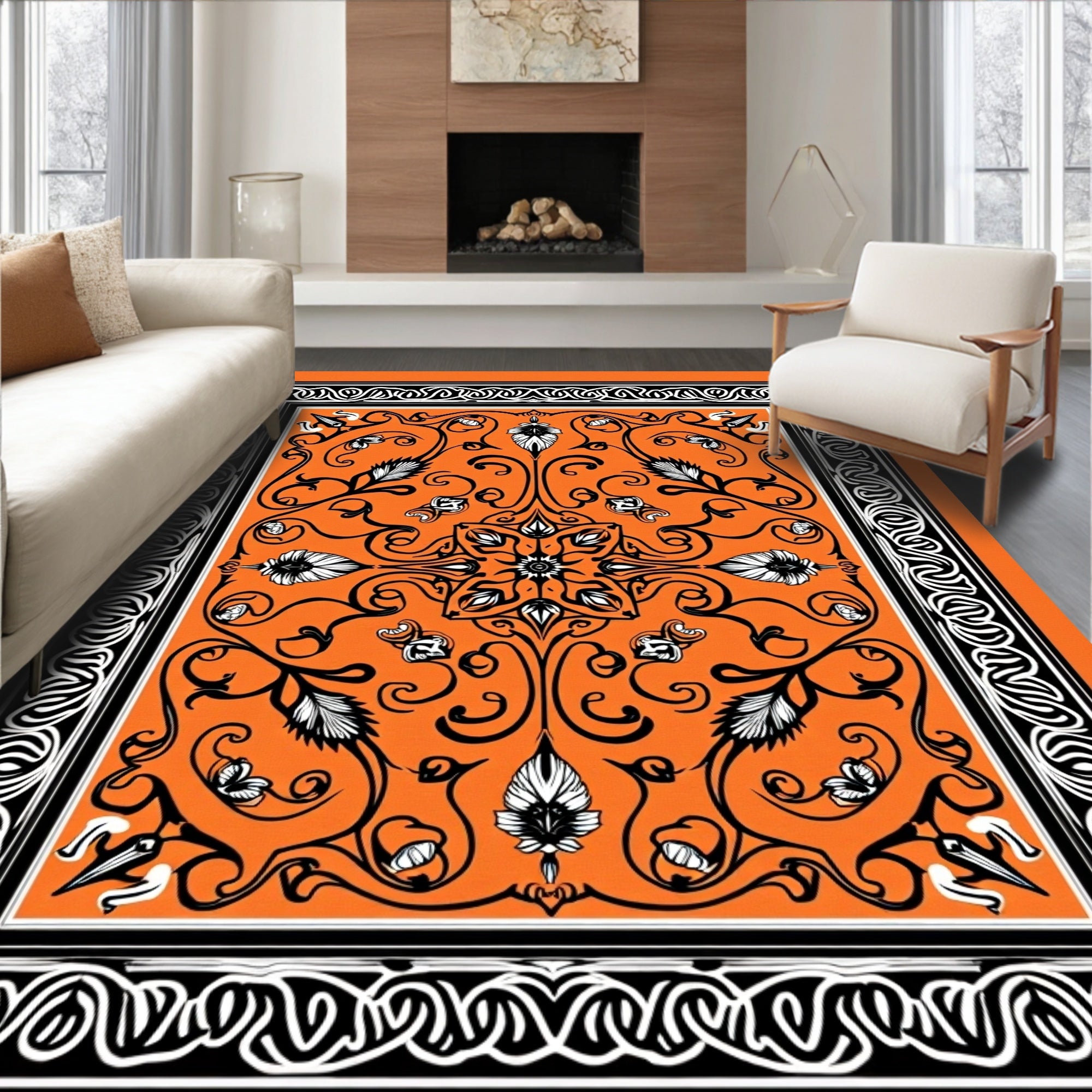 Vibrant Orange Floral Scroll Border Rug