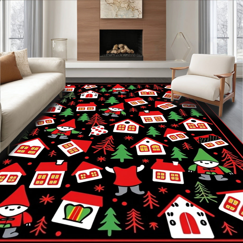 Charming Gnome Village Red White Houses Rug