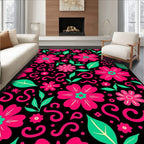 Bold Pink Floral Swirls on Black Rug