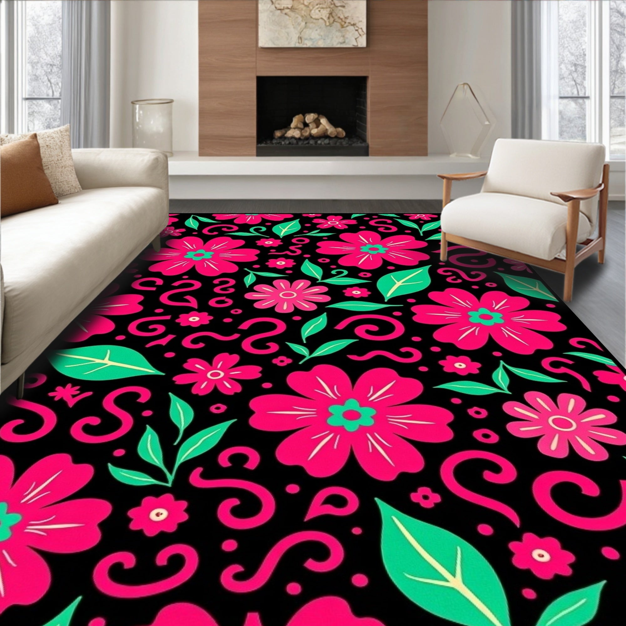 Bold Pink Floral Swirls on Black Rug