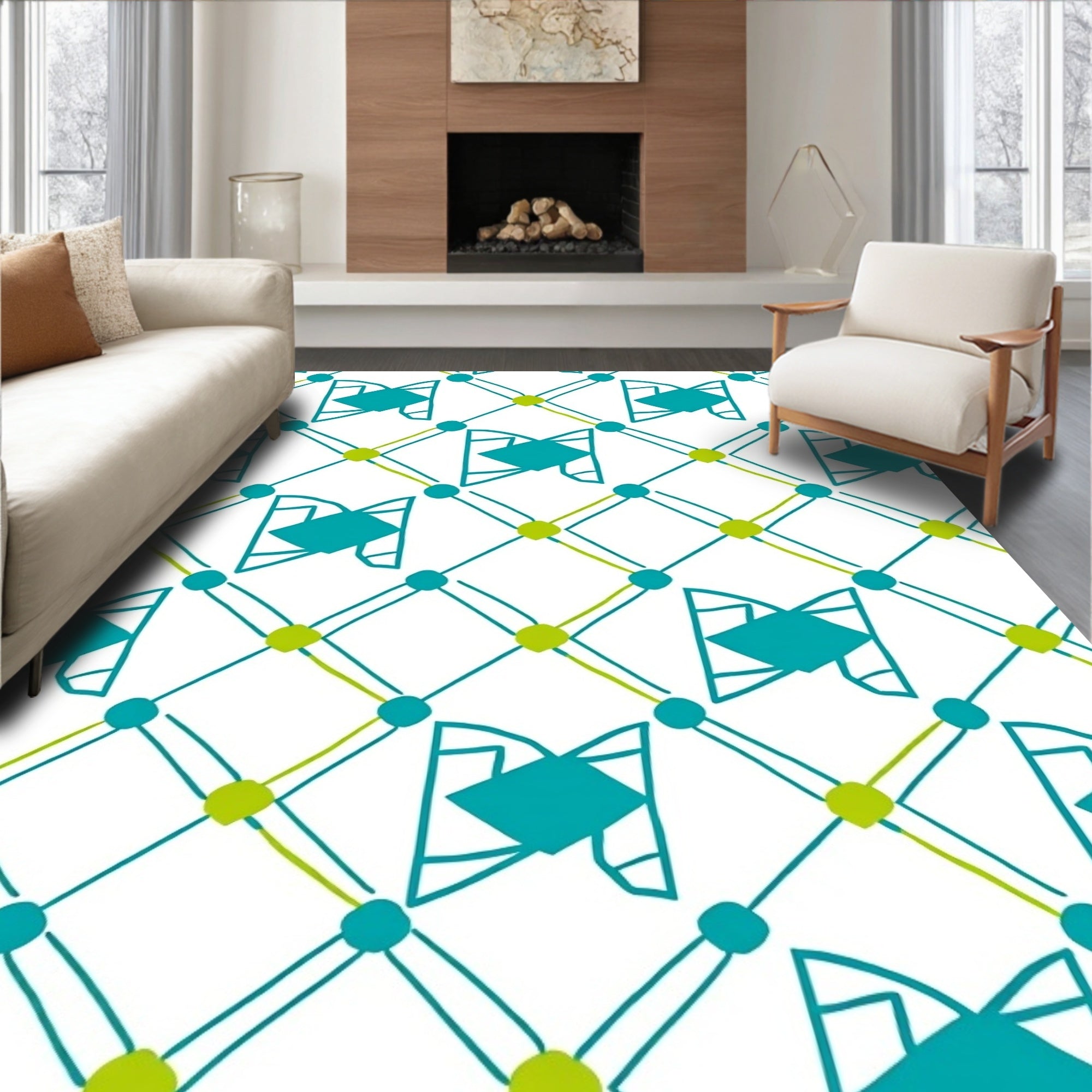 Teal And Lime Diamond Lattice Rug