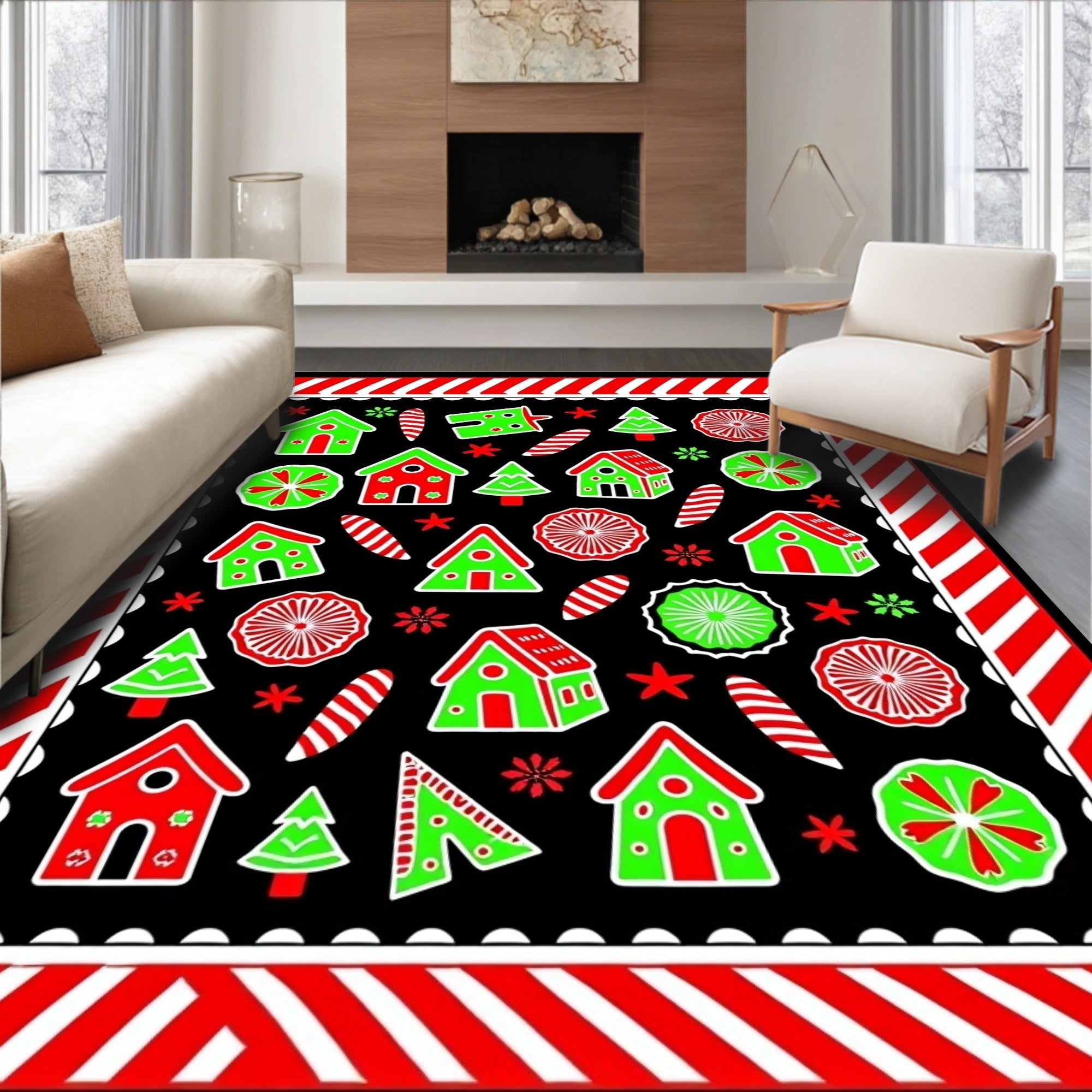 Whimsical Red Green Gingerbread Village Rug