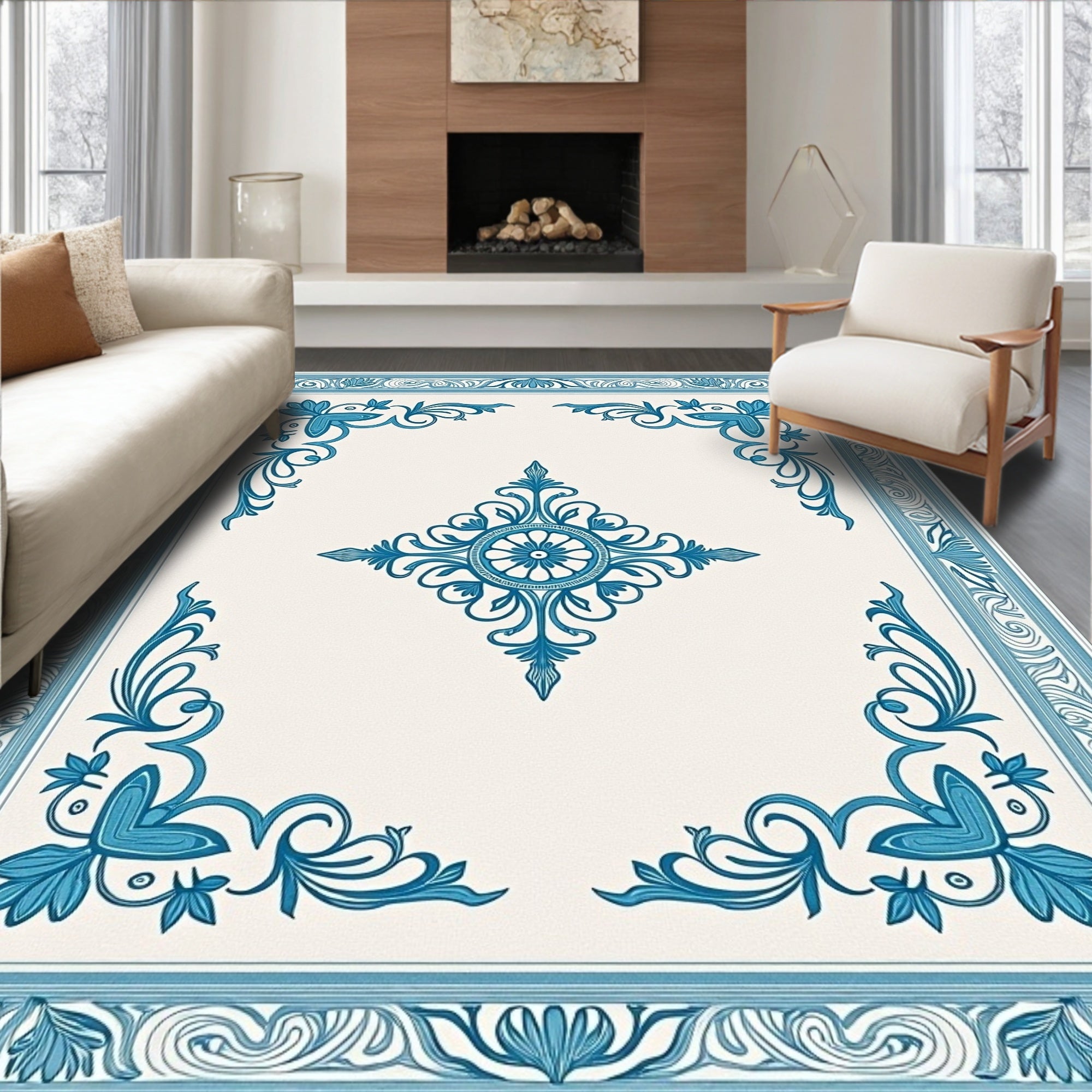 Blue Floral Medallion Border Rug