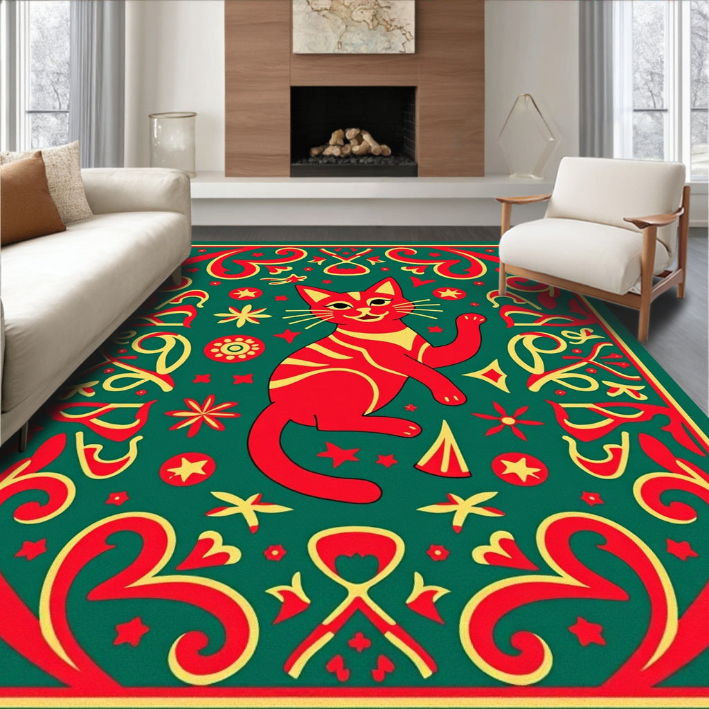 Whimsical Red Cat Folk Art Rug