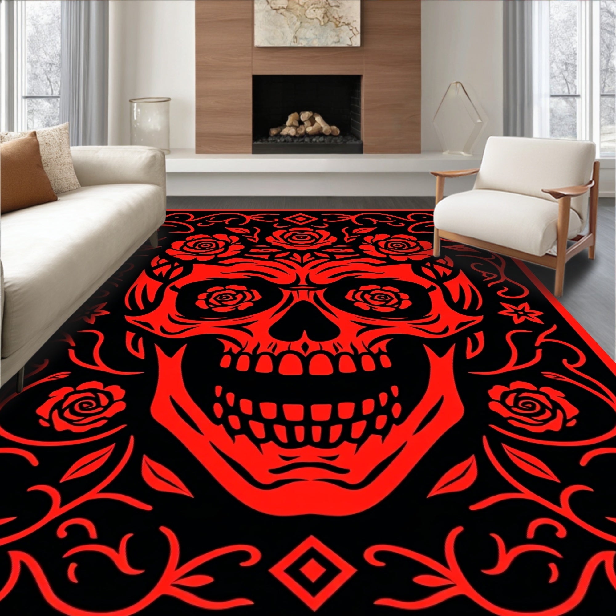 Crimson Rose Skull Floral Border Rug