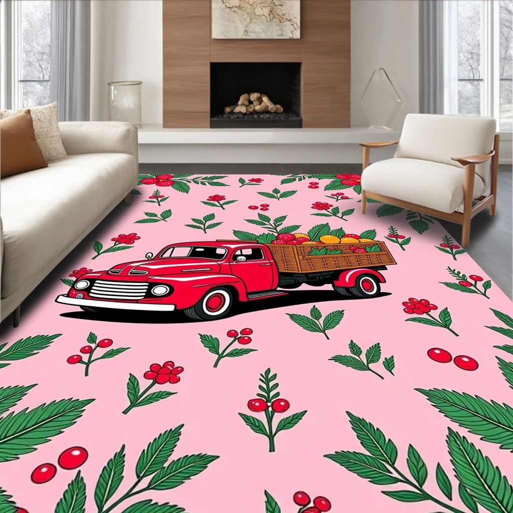 Red Retro Truck Berry Floral Background Rug