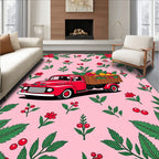 Red Retro Truck Berry Floral Background Rug