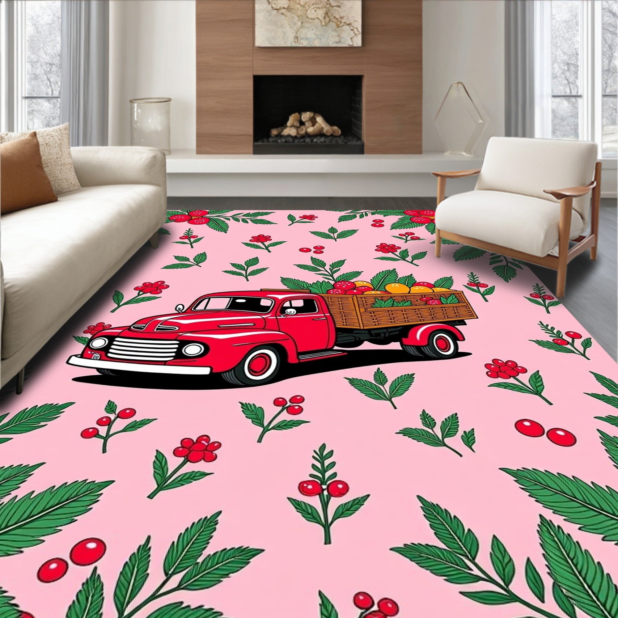 Red Retro Truck Berry Floral Background Rug
