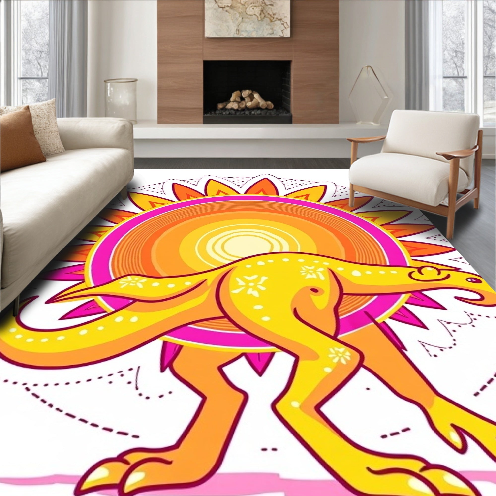 Whimsical Yellow Dinosaur Sunburst Rug