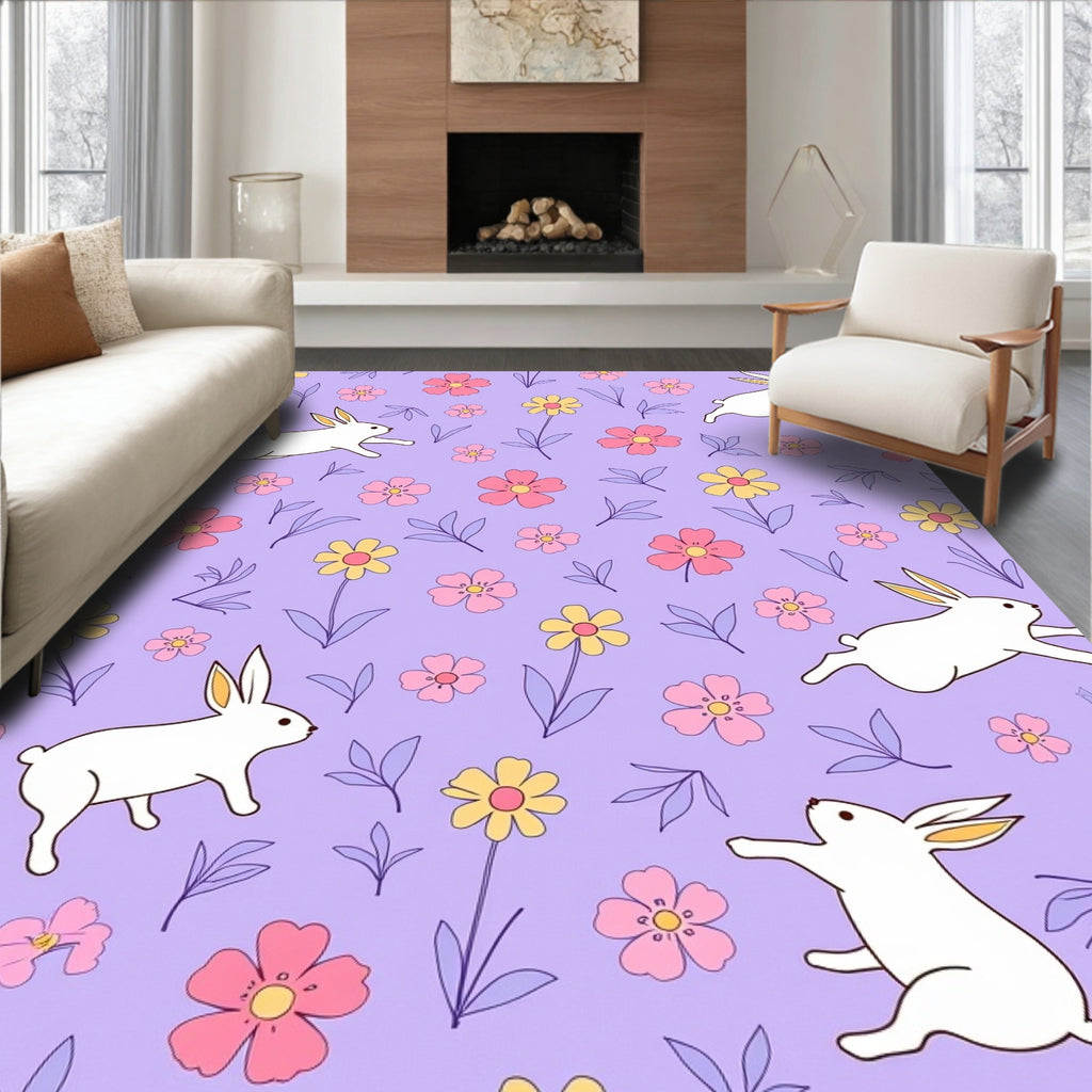 Springtime White Bunny Floral Meadow Rug