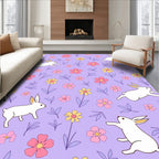 Springtime White Bunny Floral Meadow Rug
