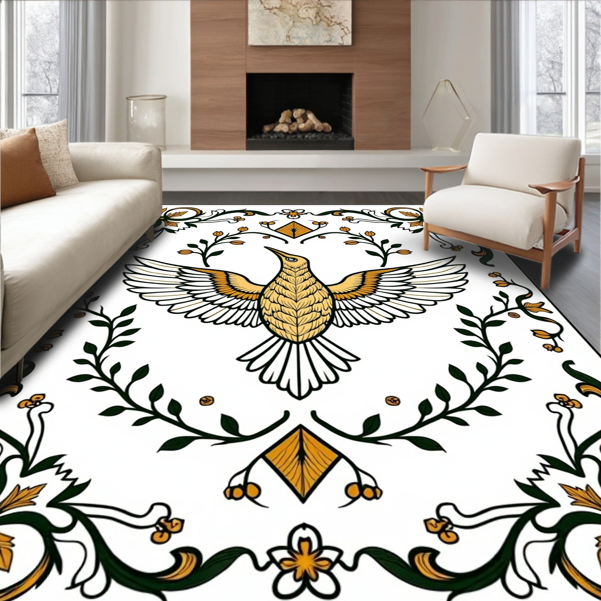 Golden Bird and Greenery Border Rug