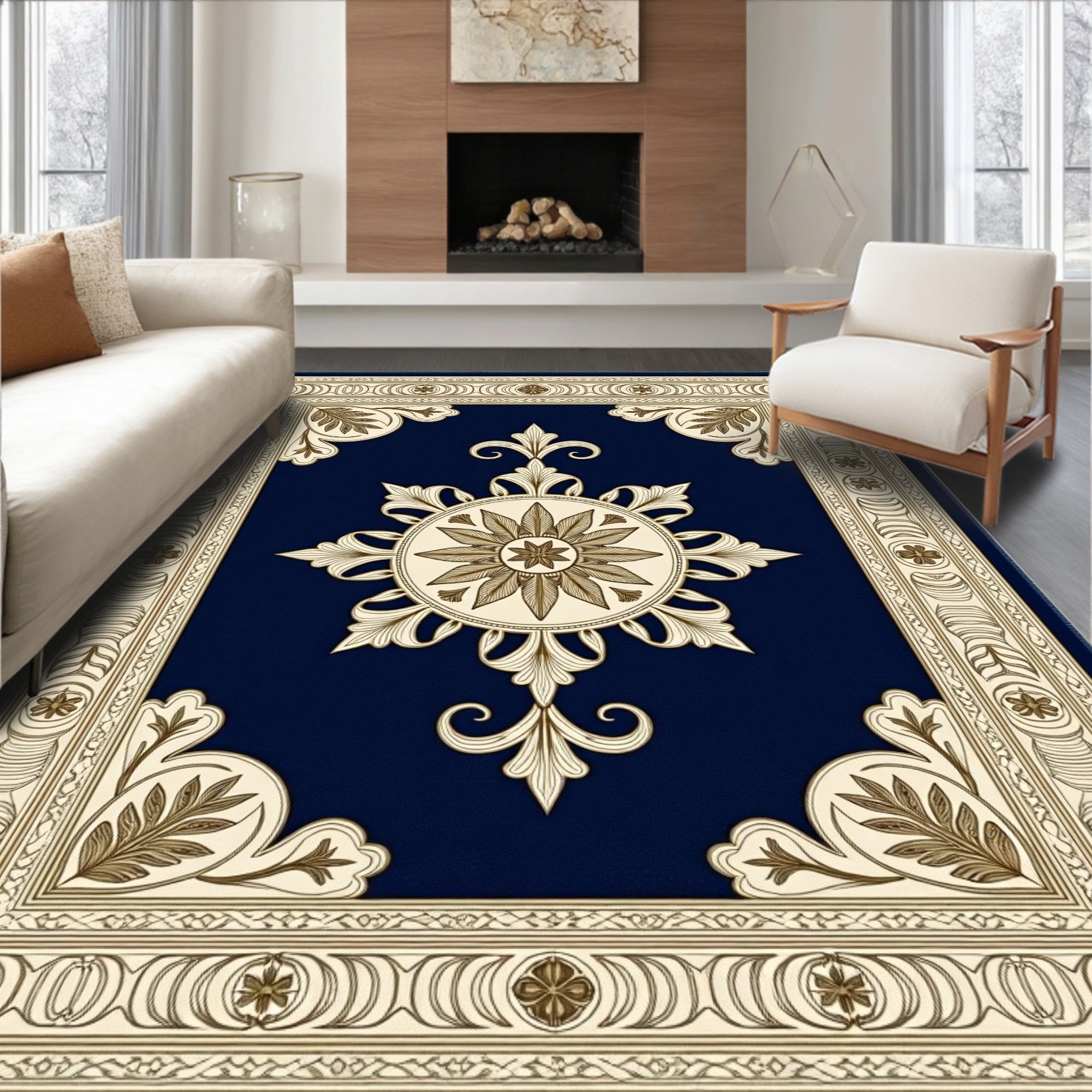 Classical Navy Gold Medallion Border Rug