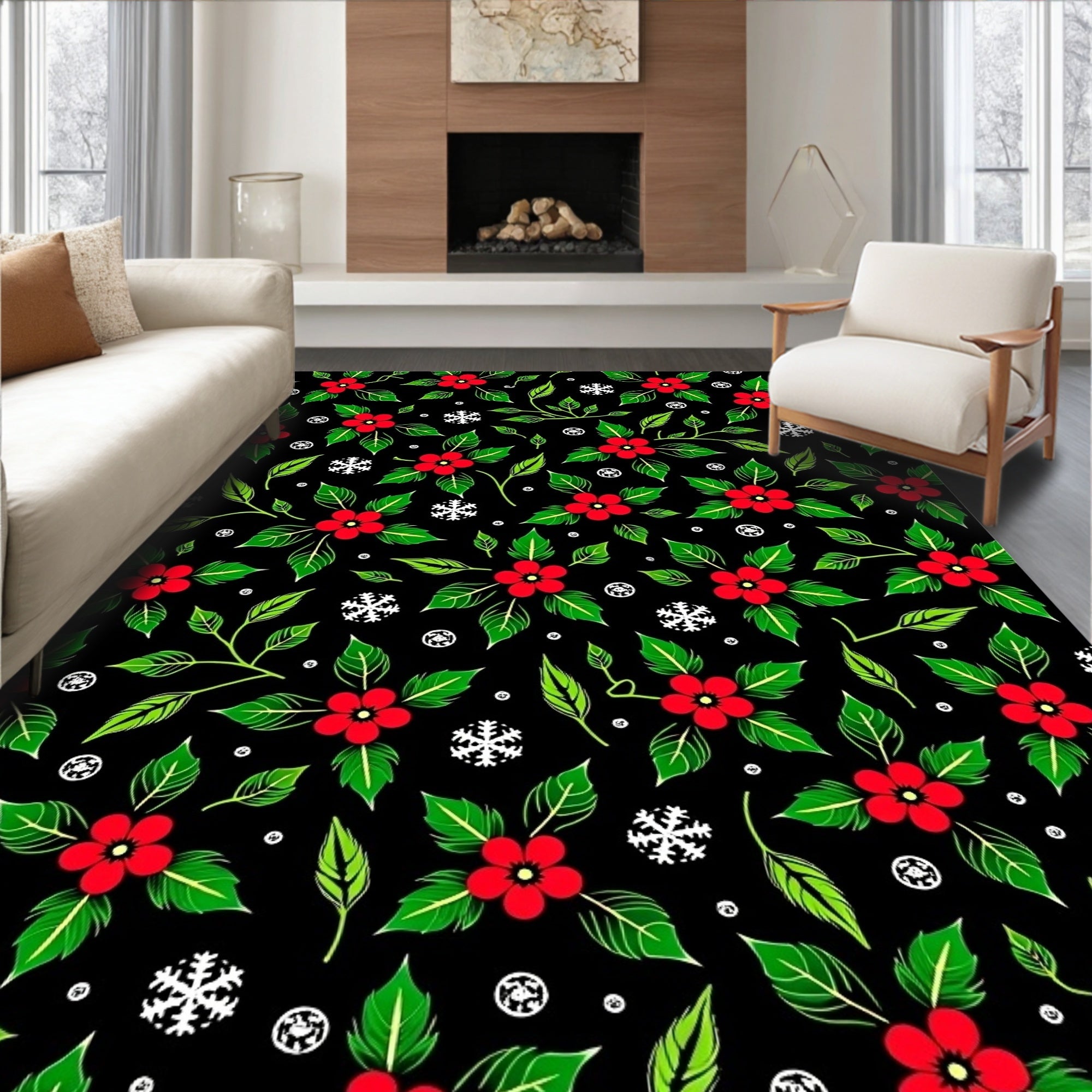 Red Holly Vines and Snowflakes Rug