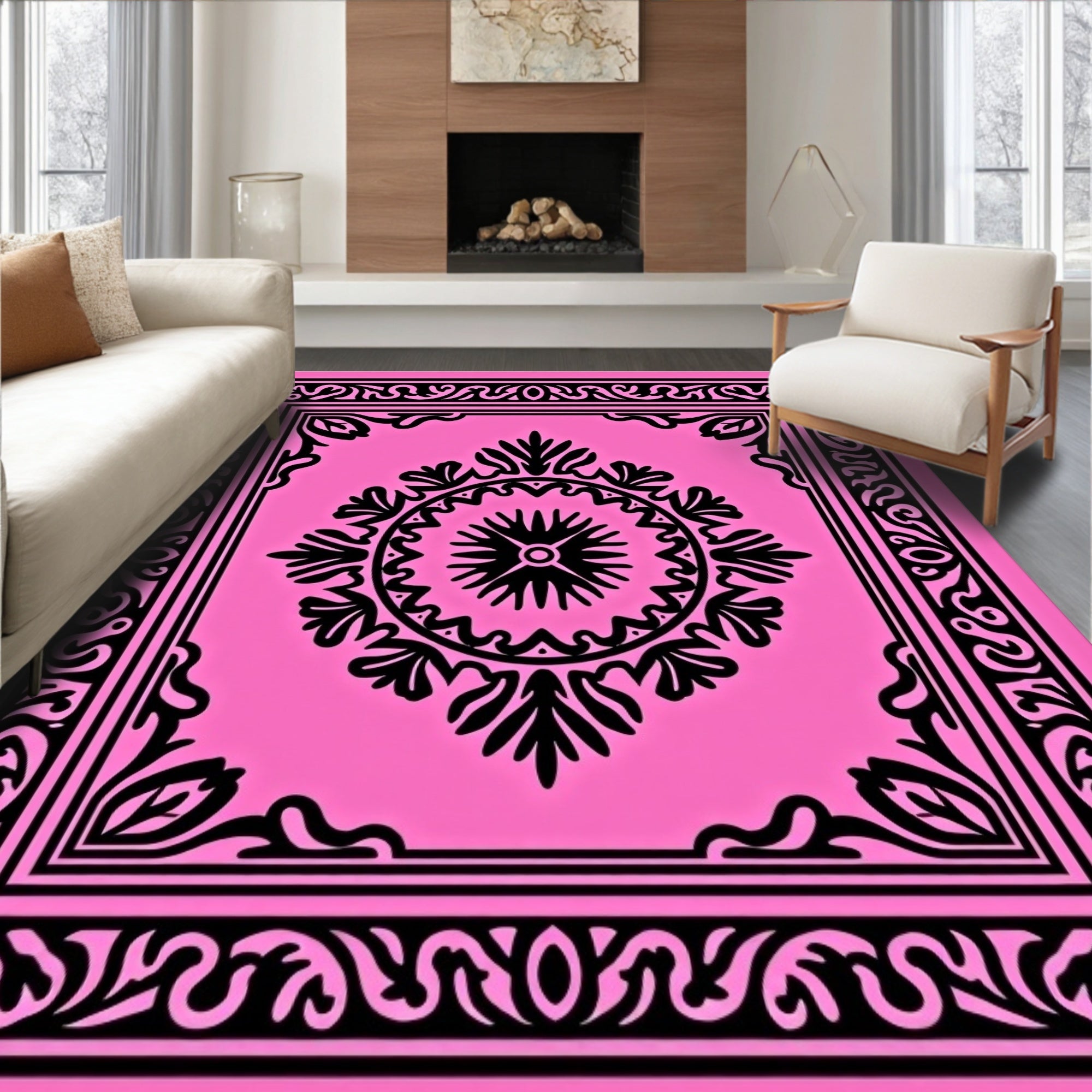 Bold Pink Botanical Medallion Rug