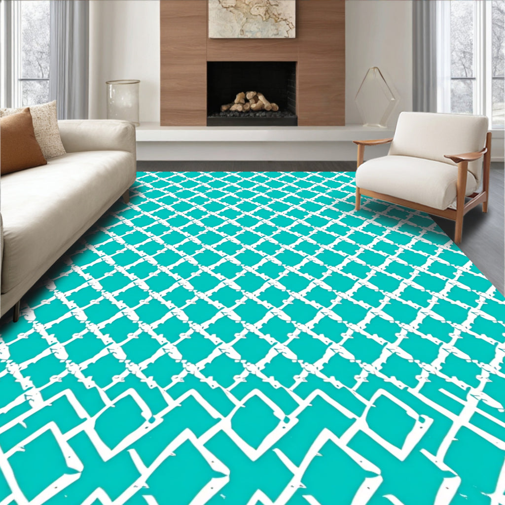 Turquoise White Diamond Lattice Rug