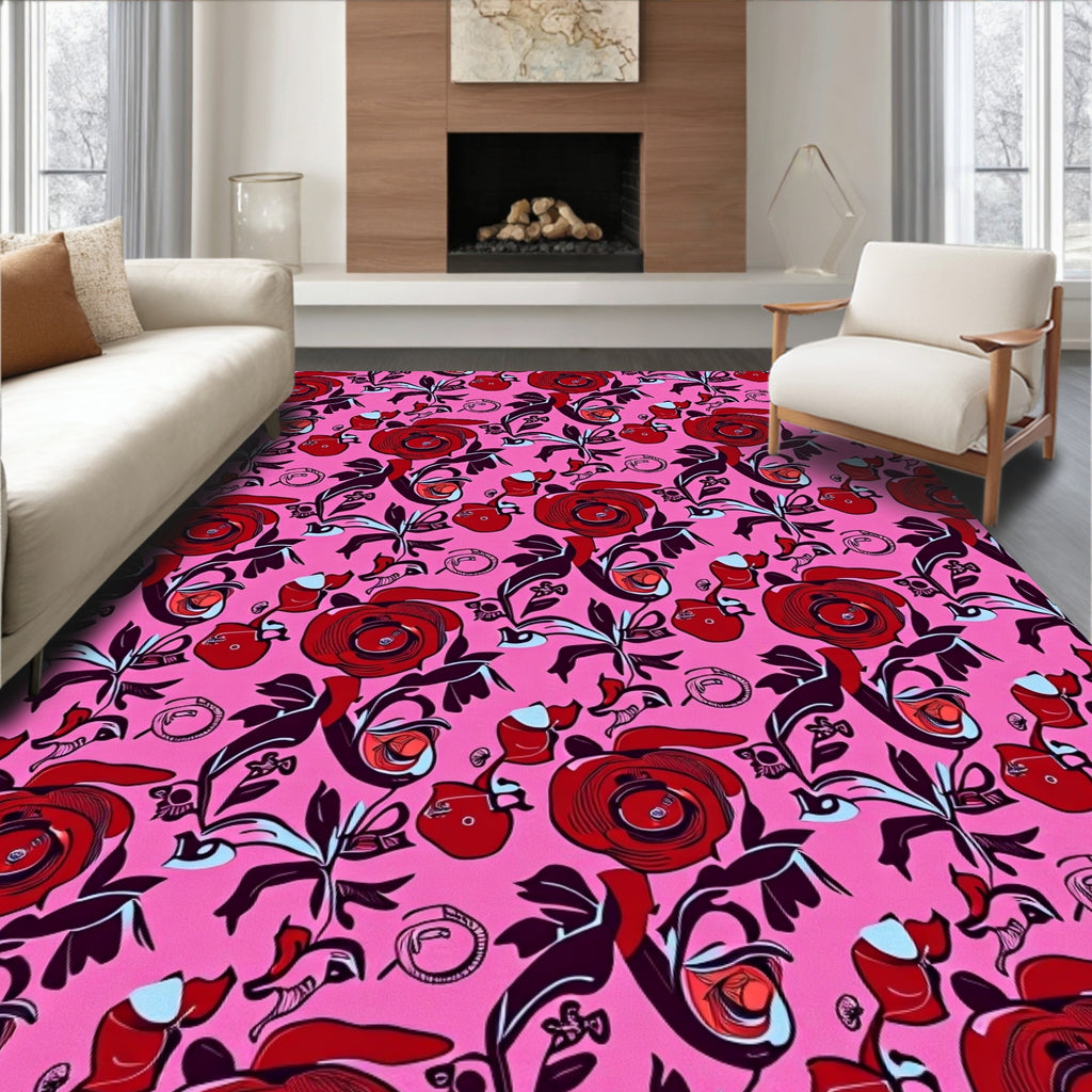 Bold Scarlet Rose Pink Floral Rug